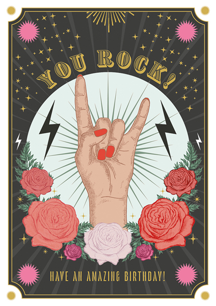 vintage poster-like greeting card with a dark baground, lightning bolts, roses, gold twinkles, and a "rock on" hand gesture at the centre. "you rock!" and "have an amazing birthday" are written in gold and frame the hand