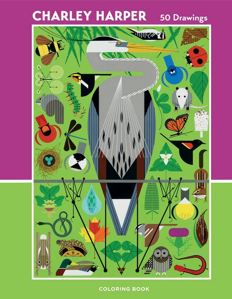 green and purple colouring book with hyper-stylized designs of animals and insects