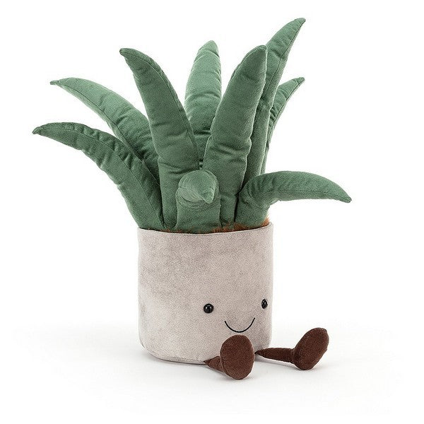 adorably soft plushie of a smiling pot of aloe vera with legs by popular brand Jellycat.