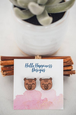 Bear Face Wood Stud Earrings