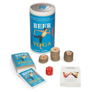 blue cylindar container with an illustration of a person doing a yoga pose while drinking a beer. text reads "beer yoga party game". container's lid looks like the top of a pop can. cards, die, and beer coins are in front of the packaging. kikkerland product on white background
