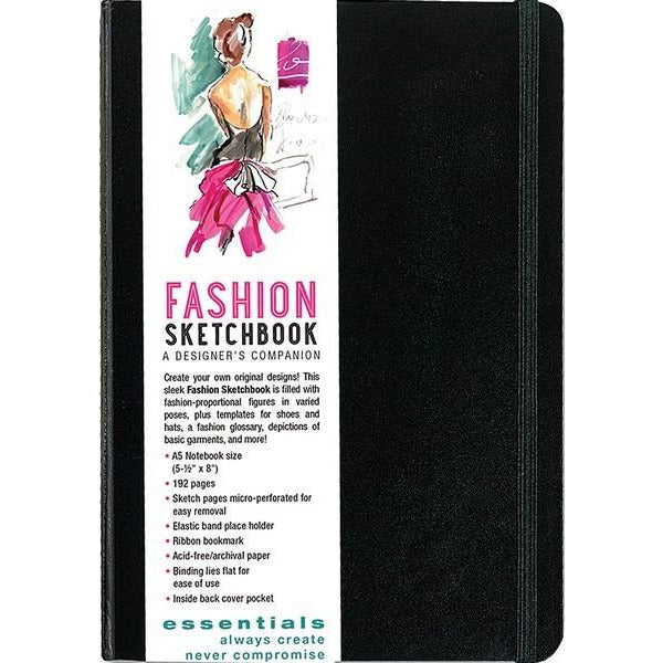 black sketchbook with a black elastic on a white background. white product label on the cover has a watercolour illustration of the back of a person in a gown. main text reads "fashion sketchbook a designer's companion". text below includes a description and product details. peter pauper product