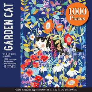 dark blue puzzle box with an image of the puzzle inside. a black and white cat hides in a colourful, blue-grass, and flowery garden. main text on the box reads "garden cat"