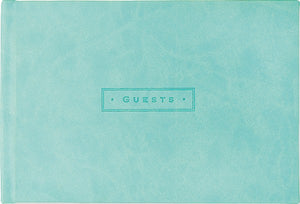 turquoise guest book. middle text reads "guests" in a lined box