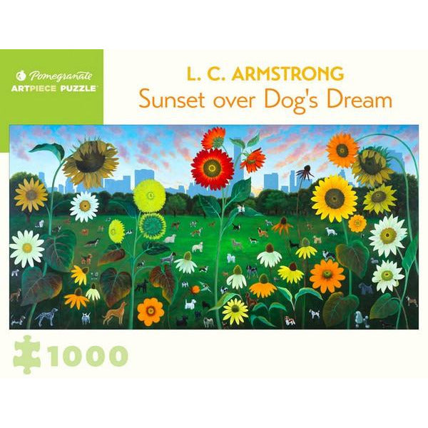 white puzzle box with green accents. the centre of the box has an image of dogs in a flower field