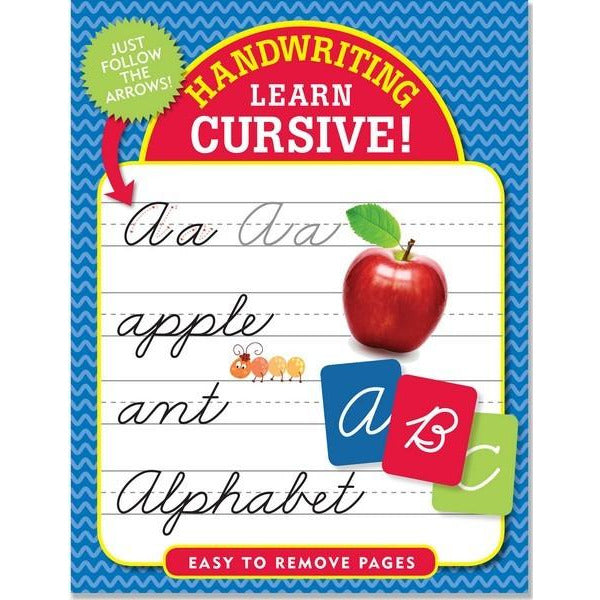blue activity book. main text reads "handwriting learn cursive!". below are three words that start with "a" on illustrated lined paper. words are "apple, ant, and alligator"