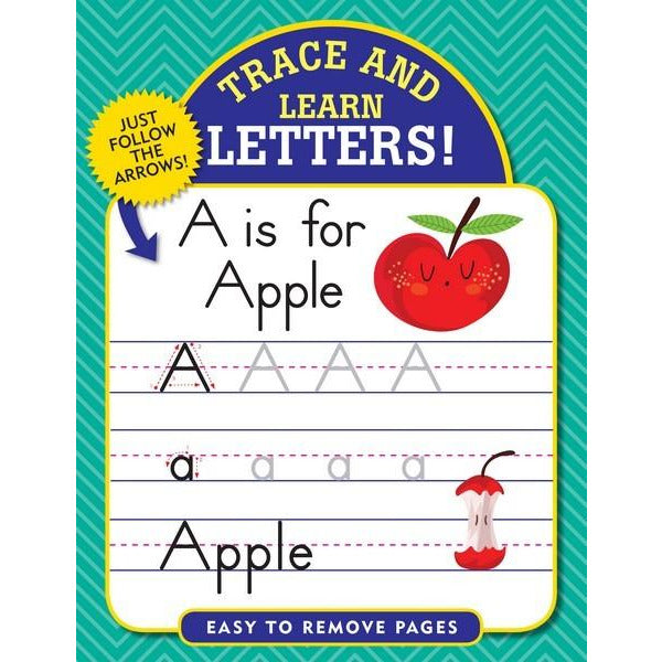 teal activity book. main text reads "trace and learn letters!". below are repeated "a" letters and the word "apple" on illustrated lined paper. peter pauper product