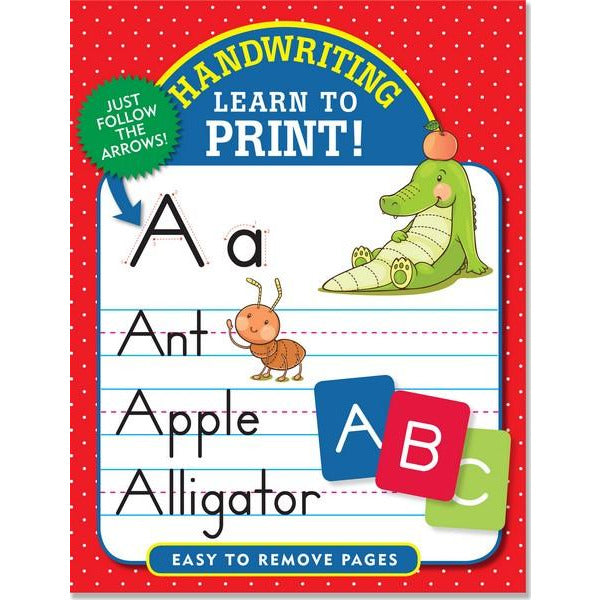 bright red activity book. main text reads "handwriting learn to print!". below are three words that start with "a" on illustrated lined paper. words are "ant, apple, and alligator"