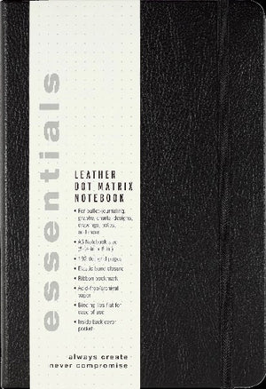 black leather notebook with a white product tab. main text reads "leather dot matrix notebook". below is smaller text including description and product information. peter pauper product