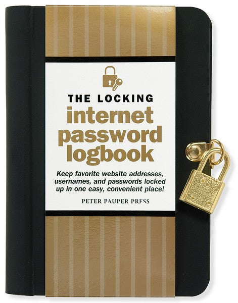 black locking notebook with a gold lock. vertical band has text that reads "the locking internet password logbook. keep favorite website addresses, usernames, and passwords locked up in one easy, convenient place!"