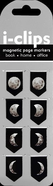 black cardboard product hanger with 8 page markers in the shape of shield banners. each have a phase of the moon