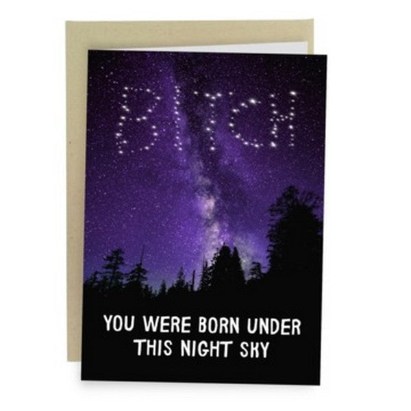 purple stary sky in a pine tree landscape. "bitch" is written in the stars. bottom text reads "you were born under this night sky"