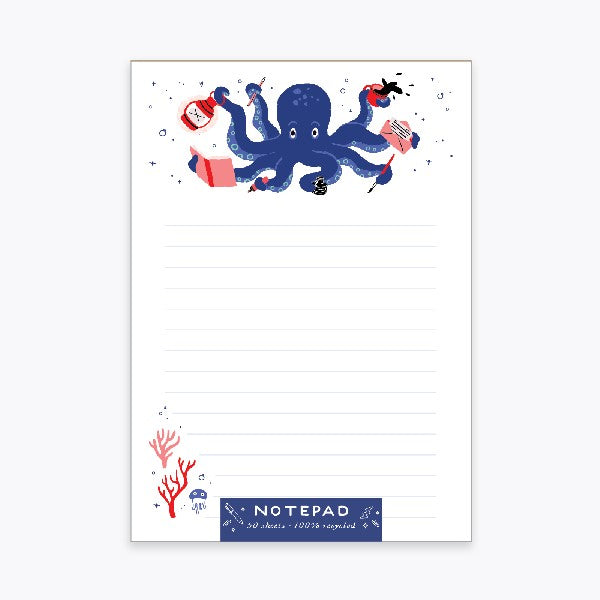 lined notepad. at the top is an illustration of a blue octopus holding a book, a letter, a pen, a brush, ink, and a lantern in its tentacles. bottom left side has ocean plant life
