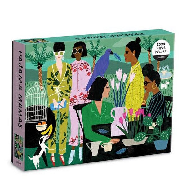 purple and turquoise puzzle box. the cover shows women in a garden-like space wearing patterned pyjama sets