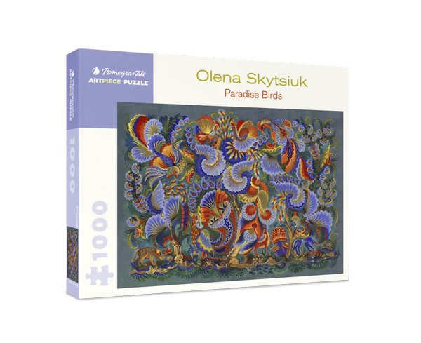 white puzzle box with purple accents. the centre of the box has an image of blue and orange bird wings and patterns