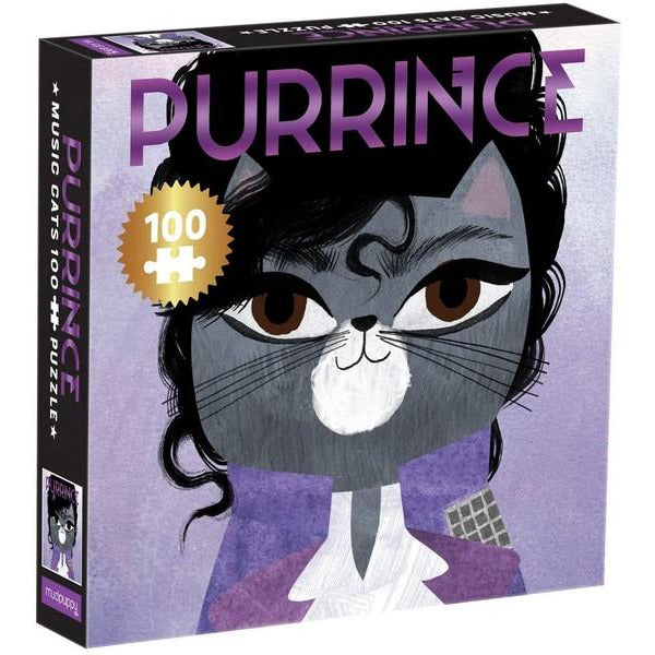 black puzzle box. the cover shows Prince as a grey cat in his iconic Purple Rain outfit