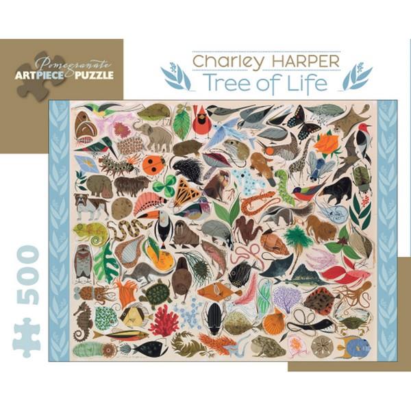 white puzzle box with blue and brown accents. the centre of the box has an image of a bunch of animals tightly placed next to one another