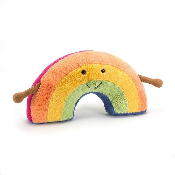 adorably soft plushie of a smiling rainbow with arms by popular brand Jellycat.