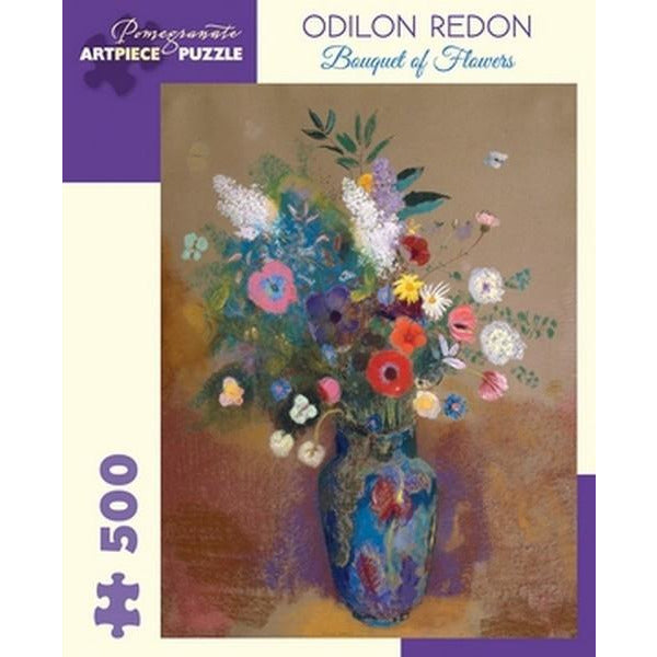 off-white puzzle box with purple accents. the centre of the box has an image of painted flowers in a colourful pot