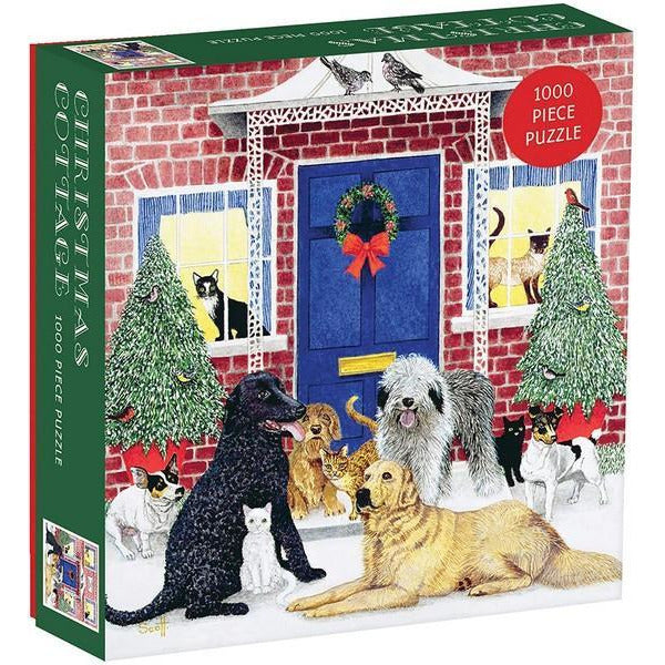 green puzzle box. the cover shows an illustration of dogs and cats outside of a front door decorated for Christmas