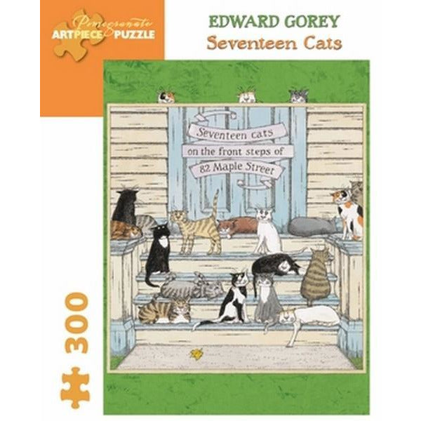 white puzzle box with orange and green accents. the centre of the box has an image of illustrated cats waiting on the front steps of a house