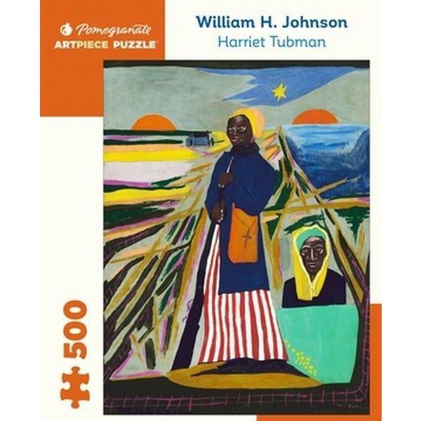 white puzzle box with orange accents. the centre of the box has an image of a painted black woman (presumably Harriet Tubman)