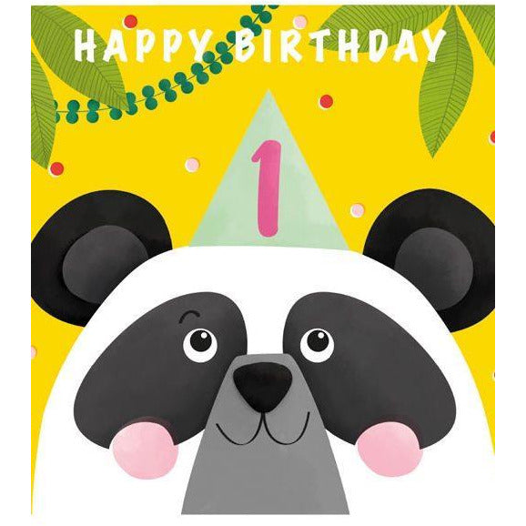 yellow birthday card. a smiling panda wearing a birthday hat peaks from the bottom of the card. top text reads "happy birthday". a pink number one is in the birthday hat