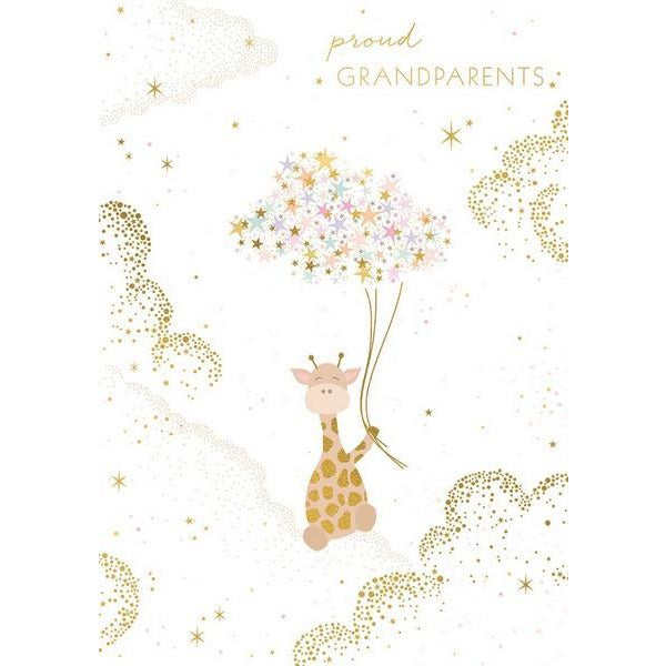 white greeting card. a girrafe sits on clouds and holds a cloud made of stars from three strings. top text reads "proud grandparents" in gold