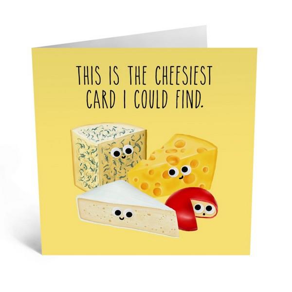 yellow birthday card. four cheese slices have smiles and googly eyes. top text reads "this is the cheesiest anniversary card i could find"