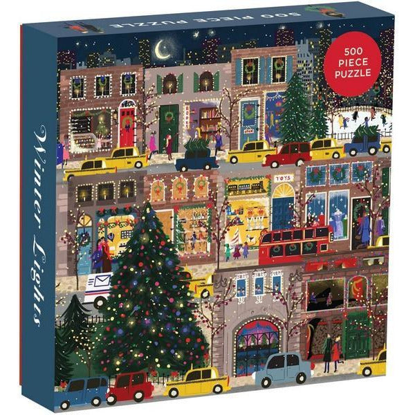 blue puzzle box. the cover shows an illustration of two shopping streets filled with cars and Christmas lights