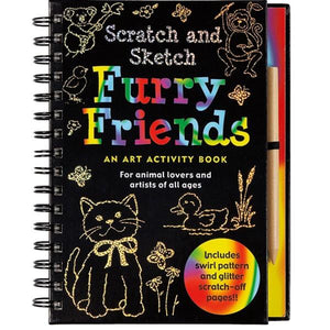 black spiral notebook with doodles and rainbow details. text reads "scratcg and sketch: furry friends, an art activity book for animal lovers and artists of all ages". bottom right text in a rainbow circle reads "includes swirl pattern and glitter scratch-off pages!!". product by company peter pauper