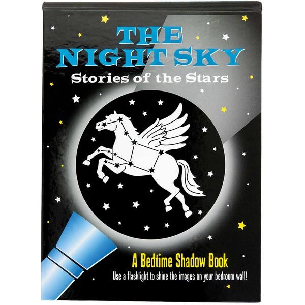 black book with an illustration of a flashlight shining on a pegasus constellation. top text reads "the night sky: stories of the stars". bottom right text reads "a bedtime shadow book. use a flashlight to shine the images on your bedroom wall!"