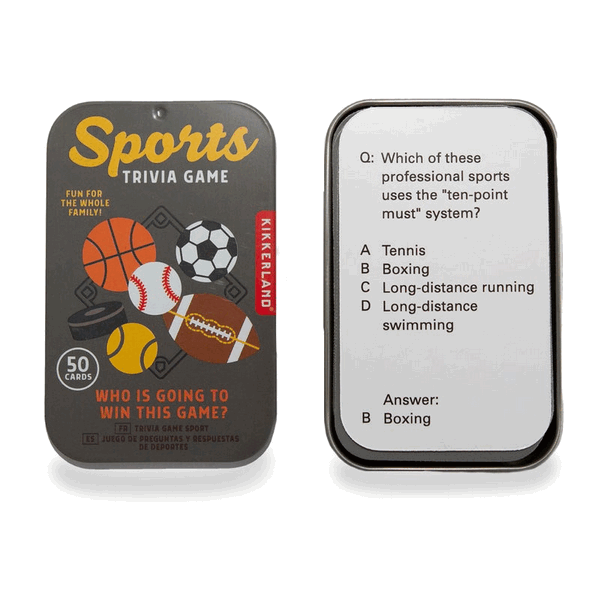 open grey metal container containing a card game. lid sees illustrated sports balls and lots of text. kikkerland product on white background