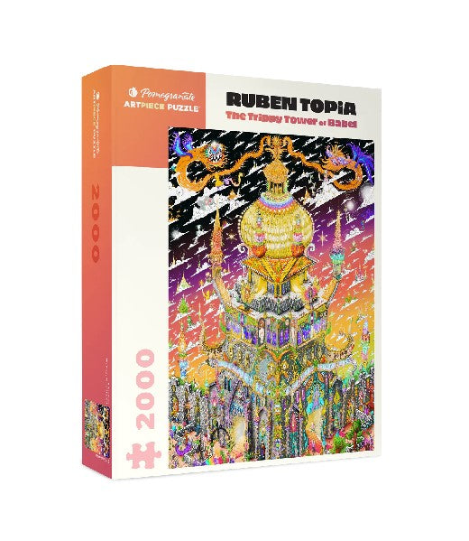 white puzzle box with orange accents. the centre of the box has an image of a fantastical reimagining of the tower of Babel