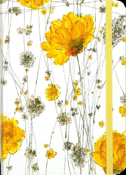 white notebook with large yellow flowers and thin strands. a yellow elastic clasps the notebook vertically